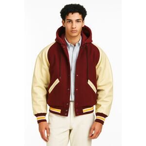 Vintage DeLong Sz. M Varsity Letterman Hooded Jacket Burgundy‎ Wool Leather NWT
